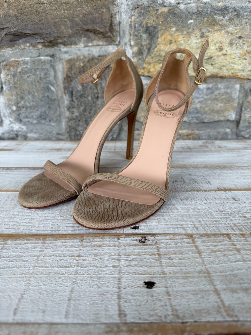 Stuart Weitzman Taupe Open-Toe Ankle-Strap Stiletto Sandals